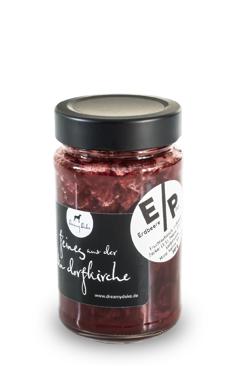 Erdbeere Pur – Glas mit schwarzem Deckel
