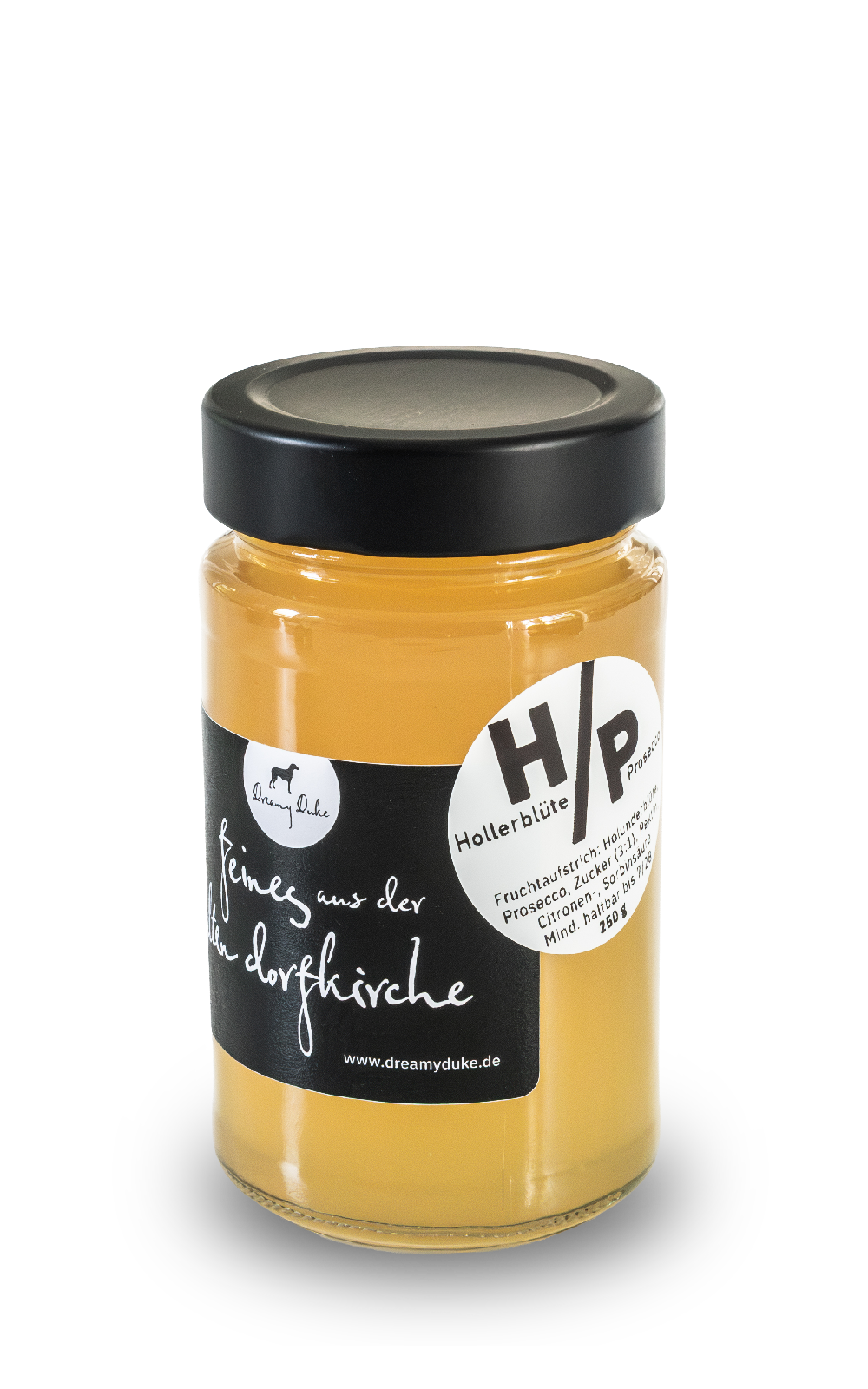 Holunderblüte / Prosecco – Glas mit schwarzem Deckel