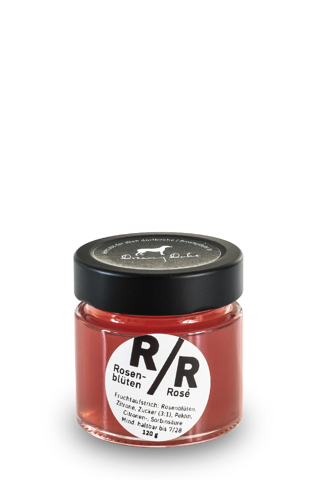 Rosenblüten / Rosé – Glas mit schwarzem Deckel